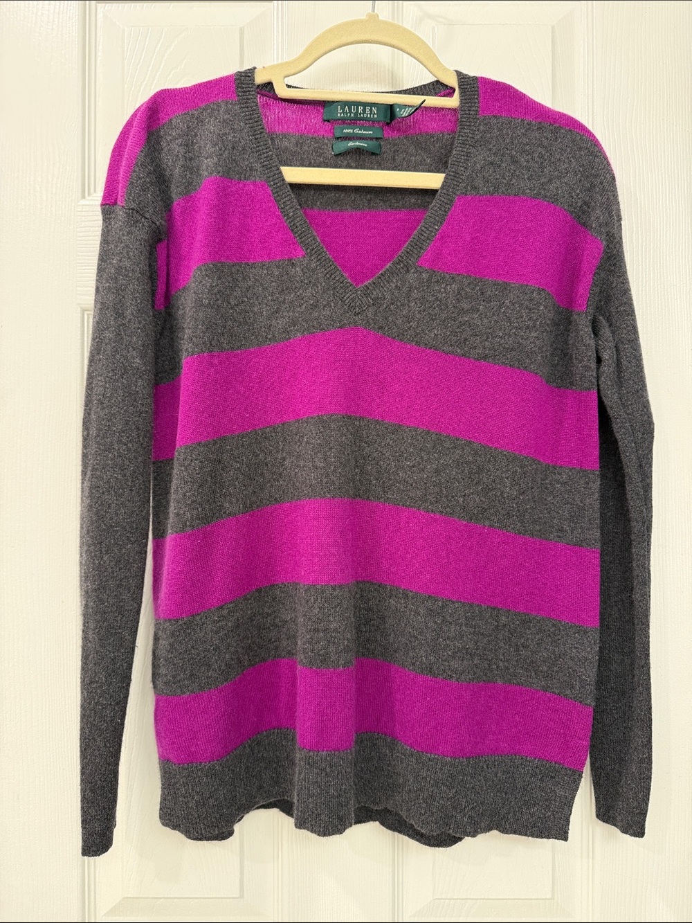 Lauren Ralph Lauren Cashmere Purple and Gray Striped V-Neck Sweater Size Small